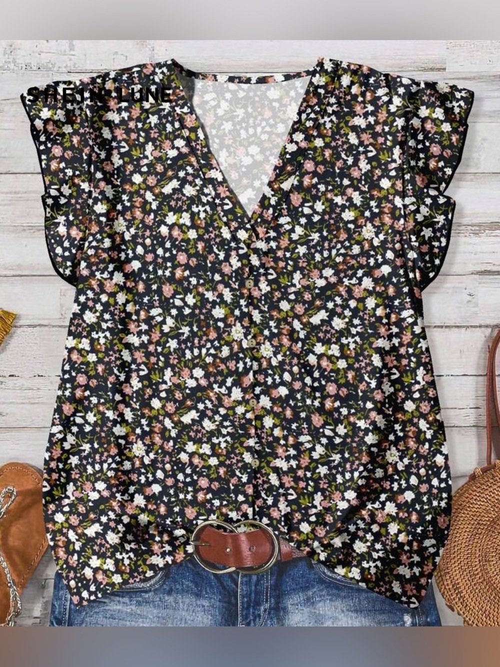 Floral ~ Flutter Sleeve ~ V-Neck Blouse ~ Black Base w/ Petite Flowers 🌺 . NWOT